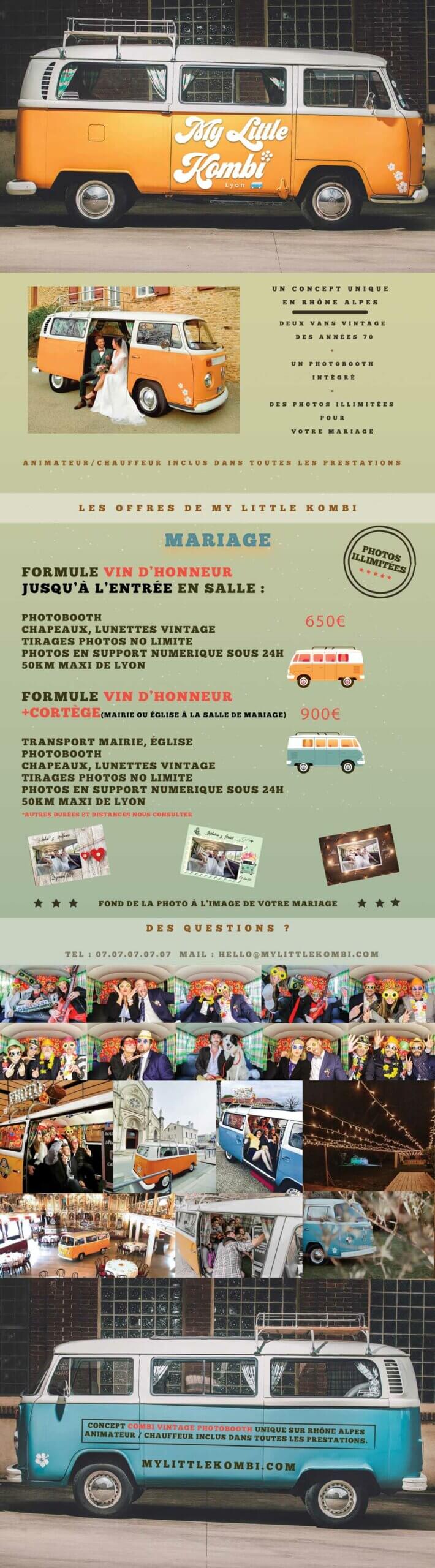 Une brochure au style vintage pour les services de transport de mariage "My Little Kombi". Il présente une camionnette rétro orange et blanche, différents forfaits de location avec des prix différents, une décoration de mariage, un photobooth mariage Lyon et des photos de couples heureux célébrant avec la camionnette.